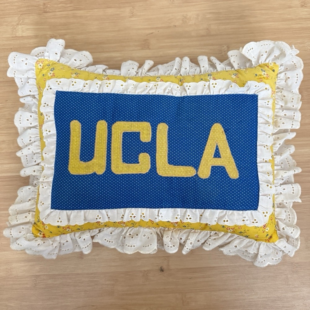 UCLA Floral Ruffle Pillow Cottage Yellow Blue Handmade Feminine
